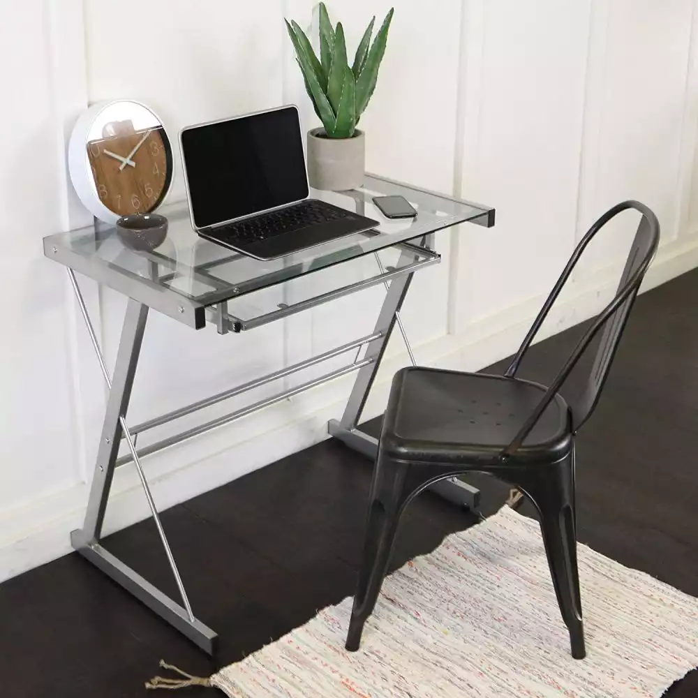 Glass Metal Silver Computer Desk