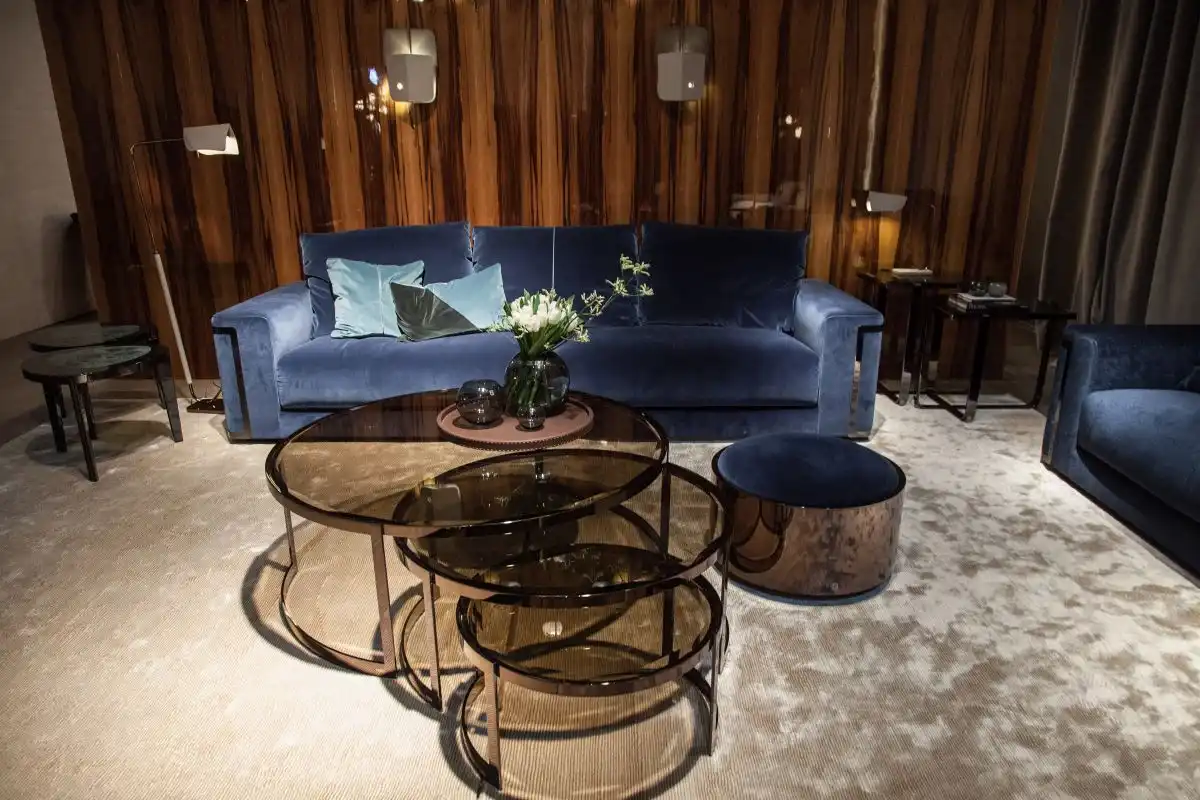 Glass coffee table and paneling walls