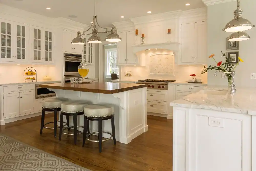 All white kitchen with bar stools