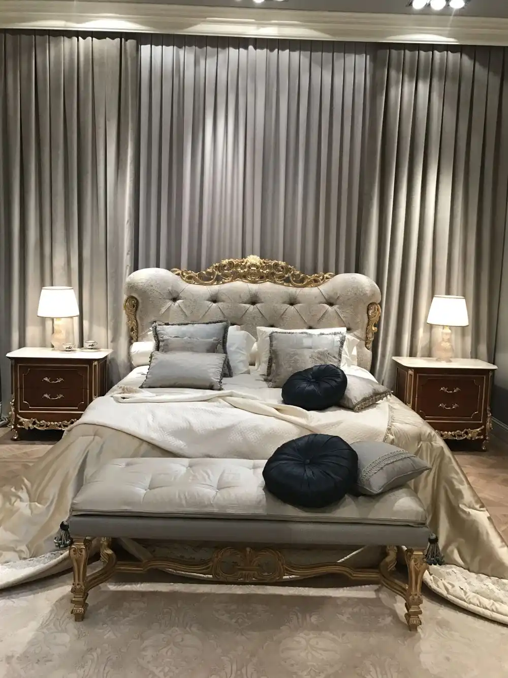 Gold baroque style bedroom bed and tufted headboard