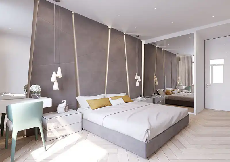 Gray bedroom headboard upholstered