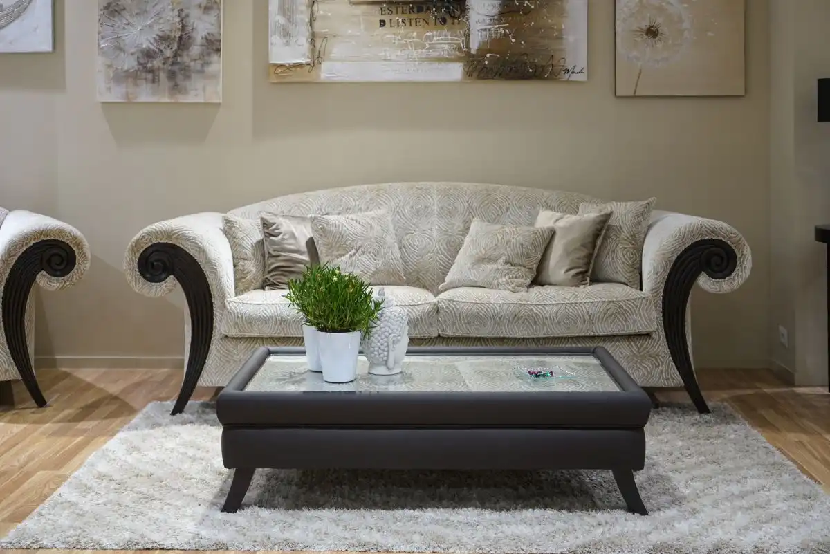 Gray couch with solid rare black wood