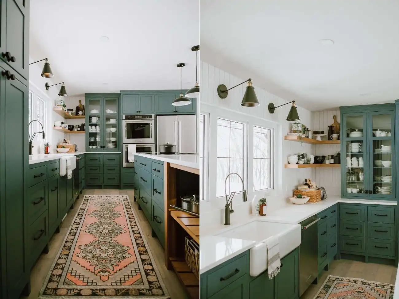 Green color kitchen cabinets with stainless steel appliances