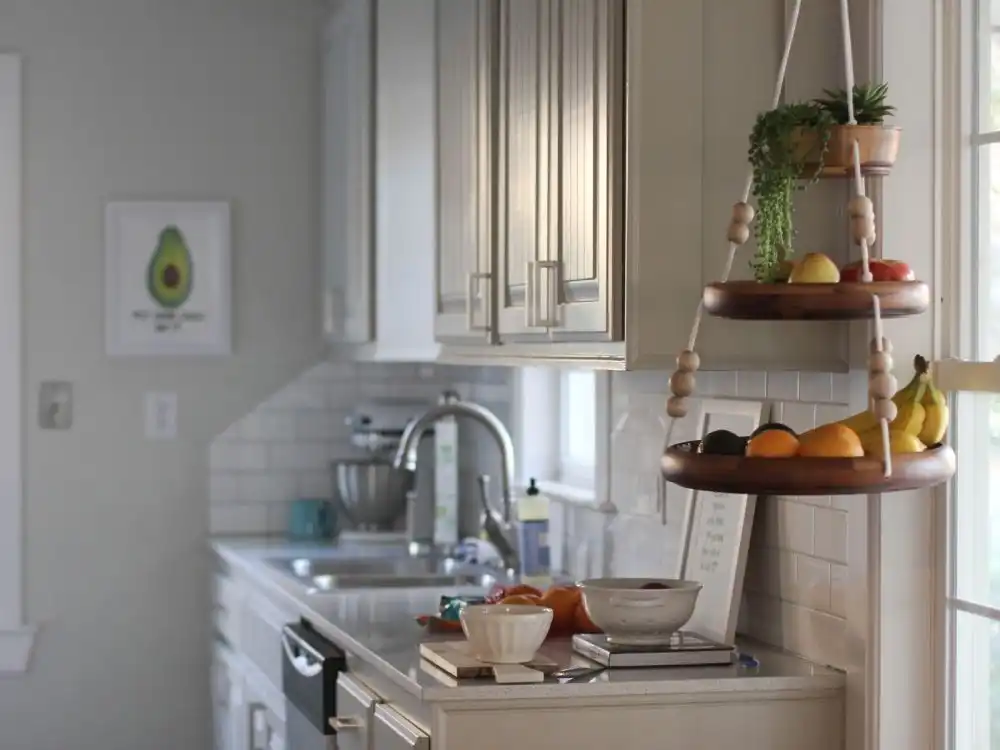 Hanging wooden fruit bowls