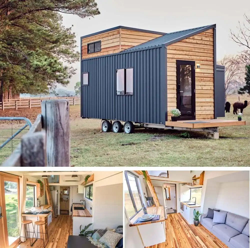 Tiny house kitchen featuring 2 cooking areas with generous storage