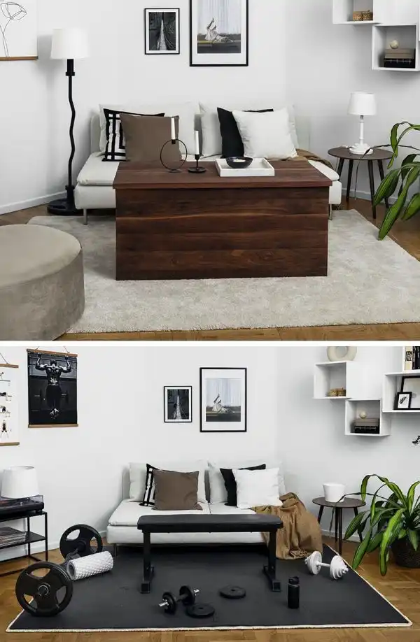 Hide a gym inside the living room furniture