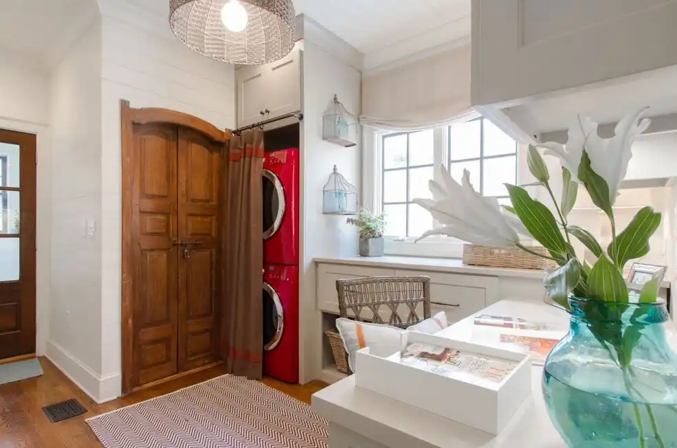 Hide the washer and dryer behind curtains