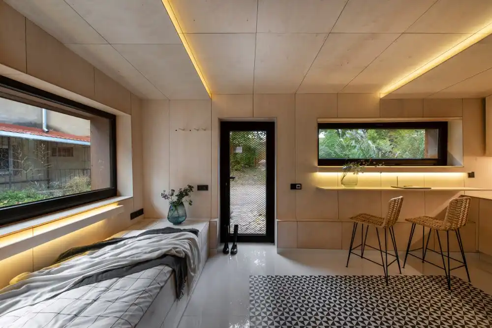 sleeping and sitting area in garage