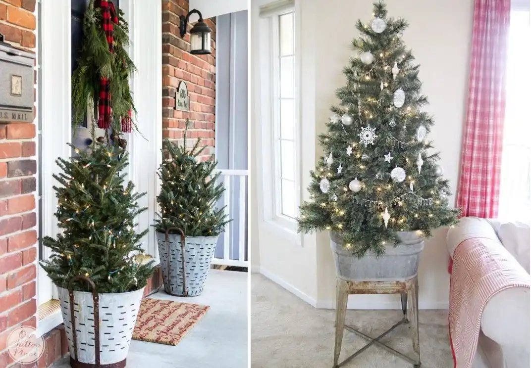 Christmas tree stands made from practical buckets and planters
