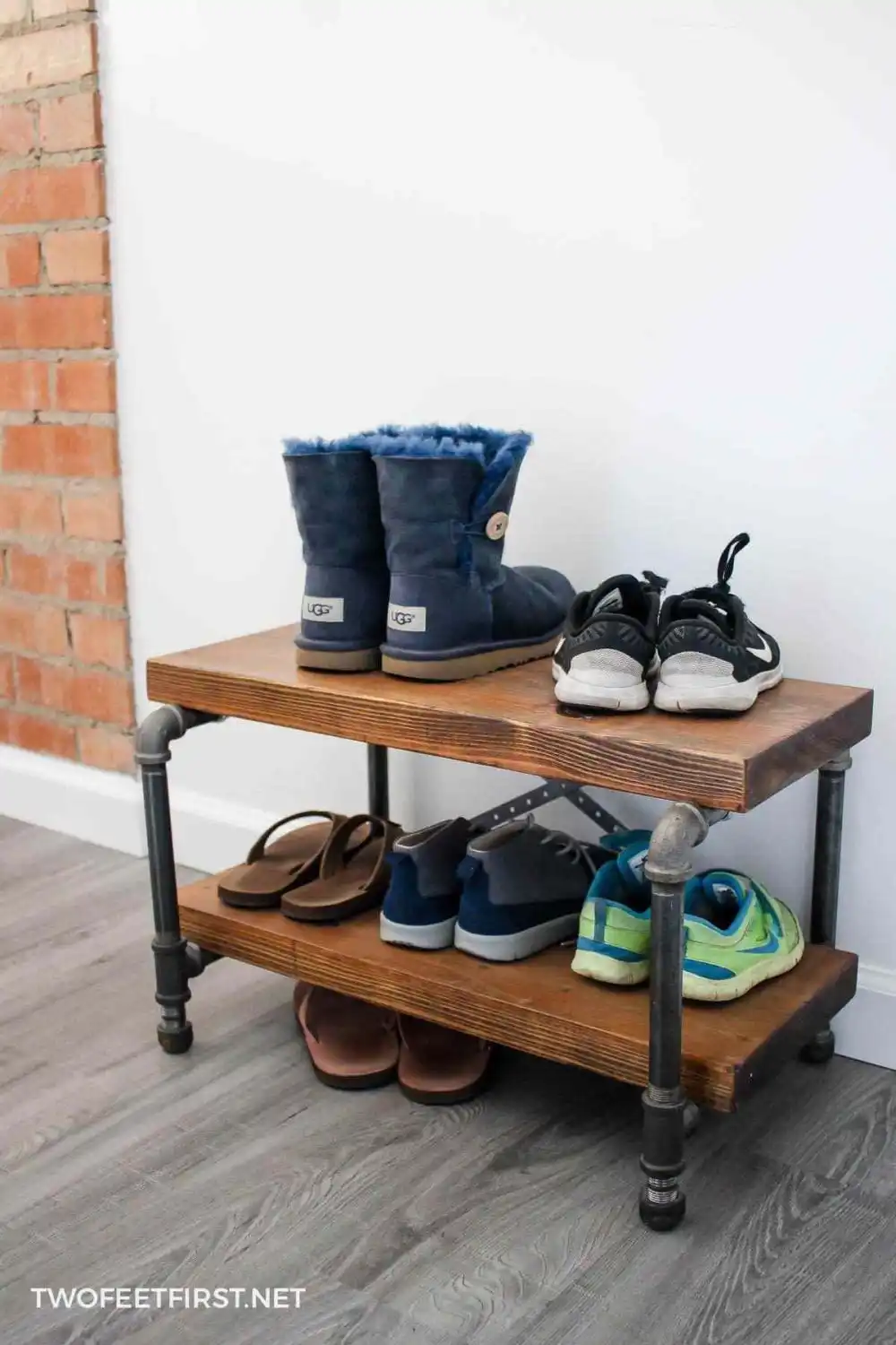 Industrial Pipes and wood shelf for shoe