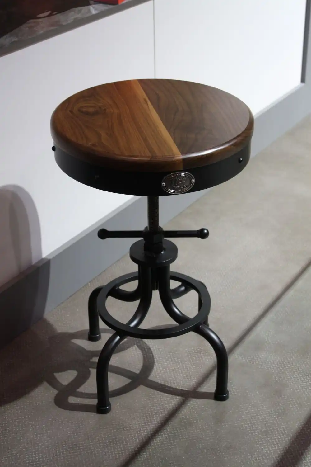 Industrial stool with walnut seat