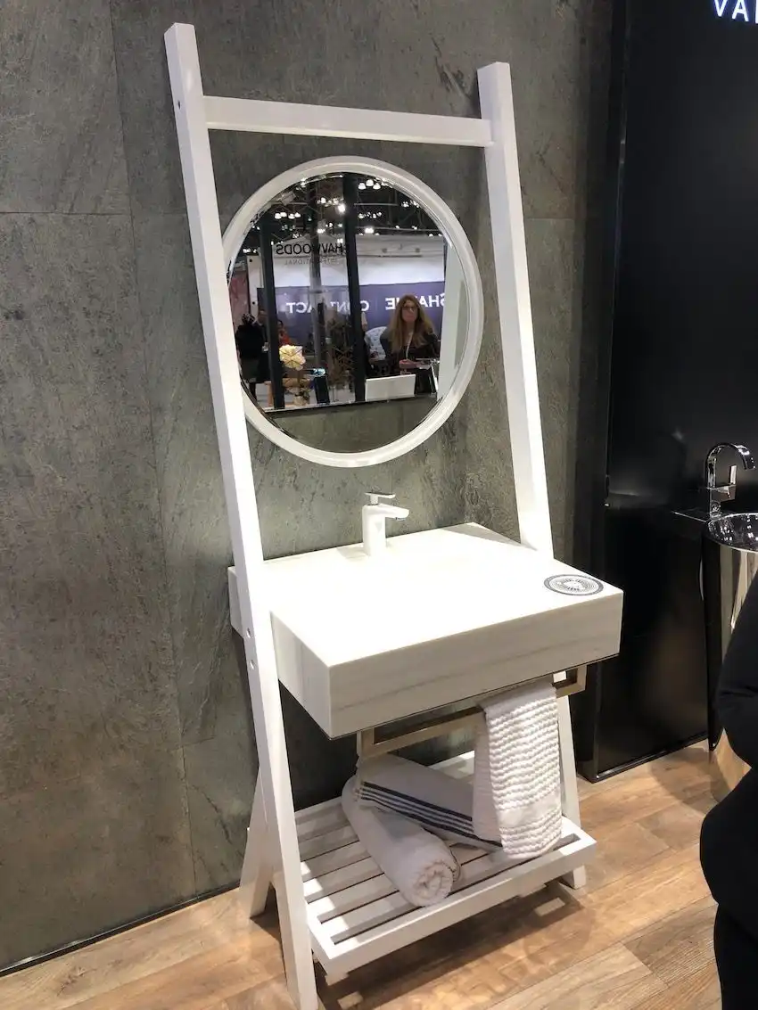 Trendy shelving has been transformed into a vanity.