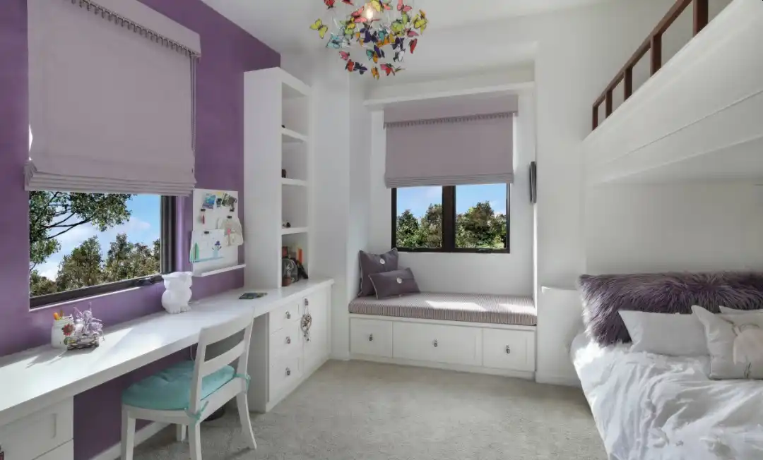 Kids room with bunk beds and levender color for walls