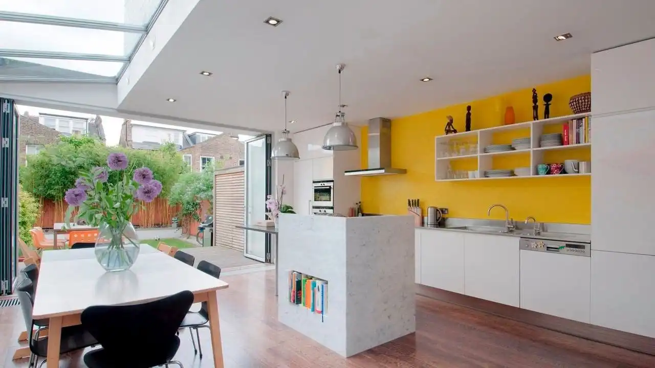Kitchen featuring natural light and yellow pops