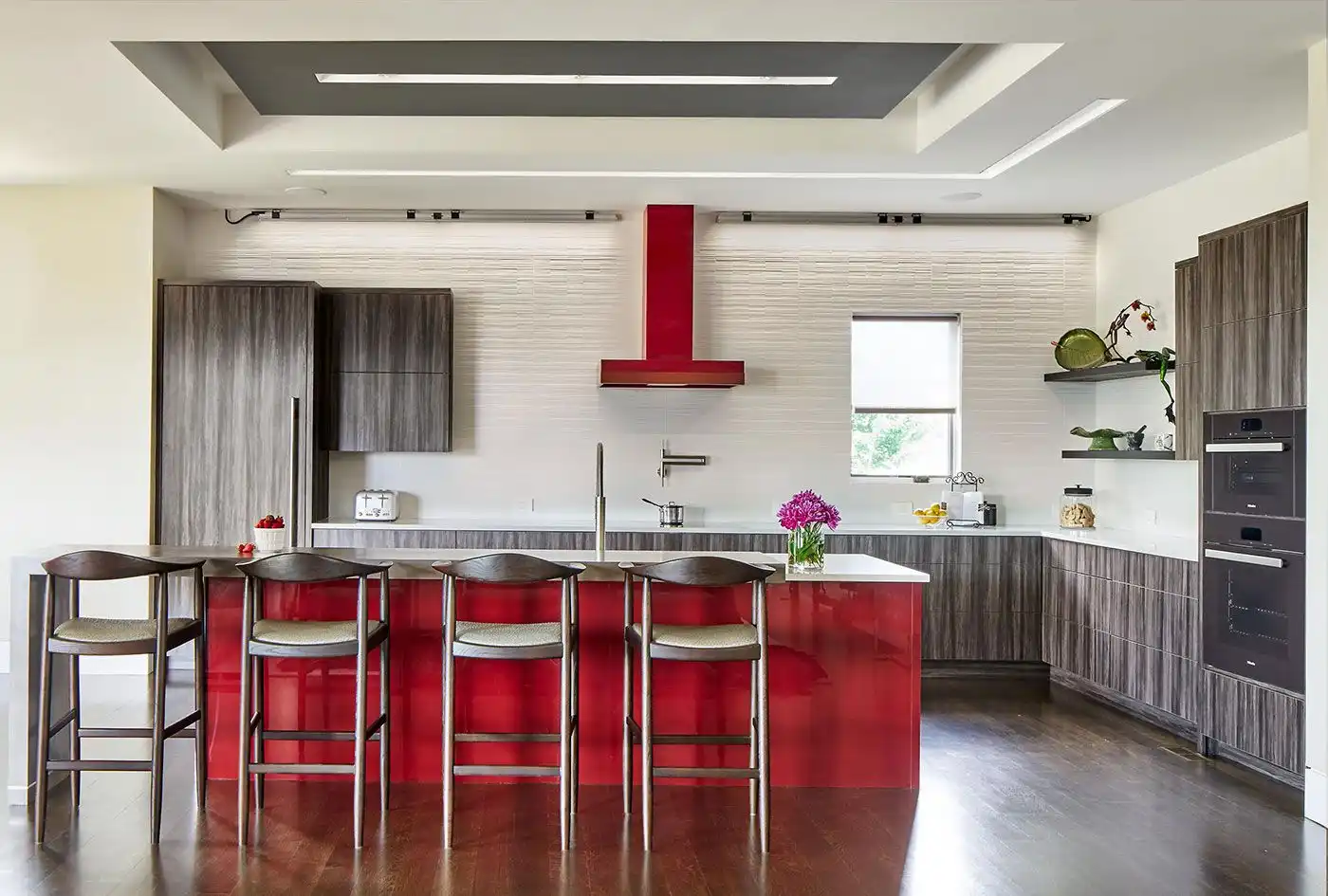 Kitchen layout with red kitchen