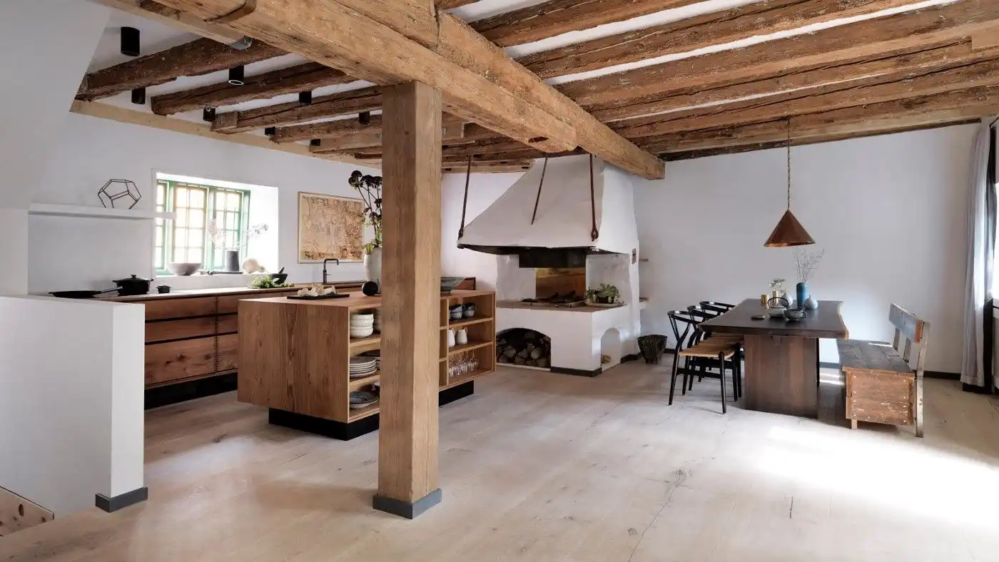Kitchen with large wood beams