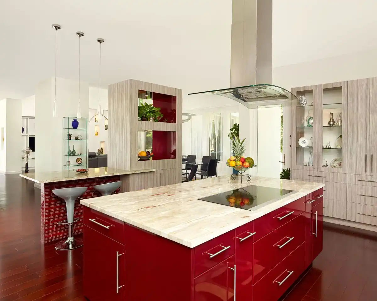 Kitchen with red island and marble top