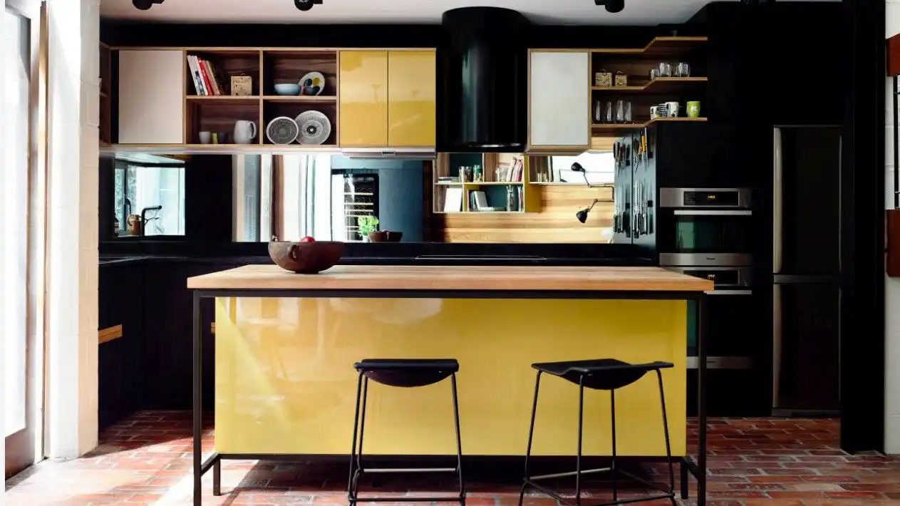 Kitchen with yellow and black accents