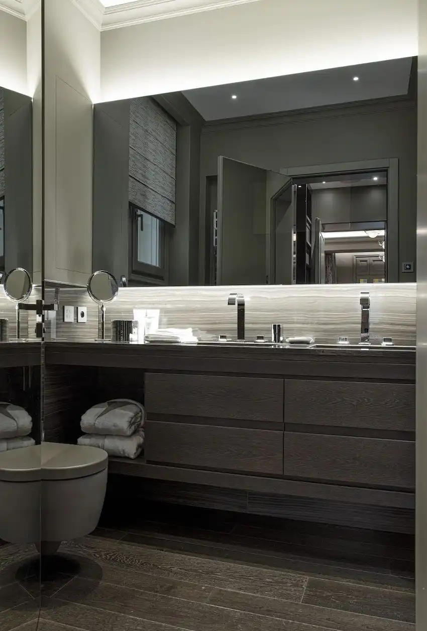 The bathroom also has a small window.