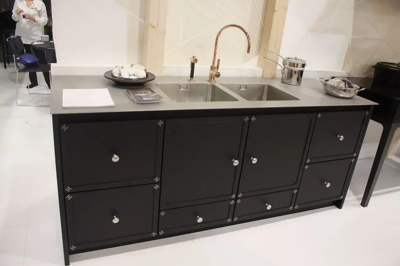 La cornue double sink black cabinets