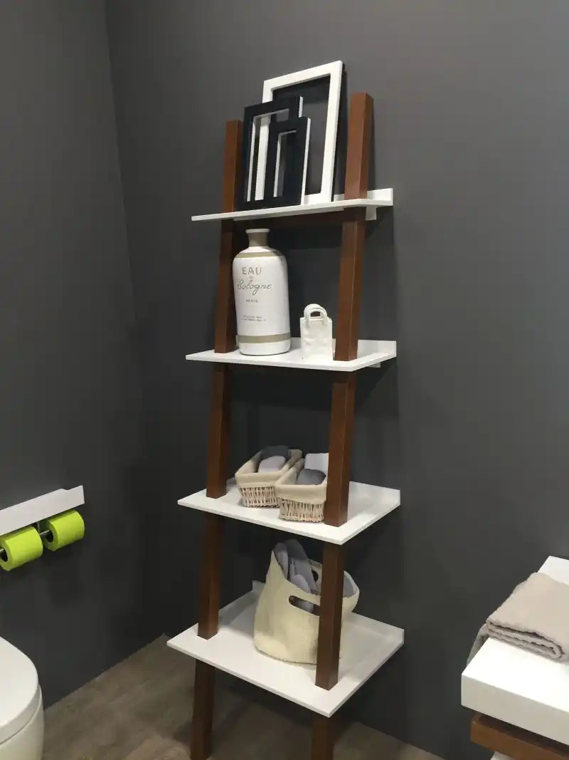 Ladder laying on bathroom wall