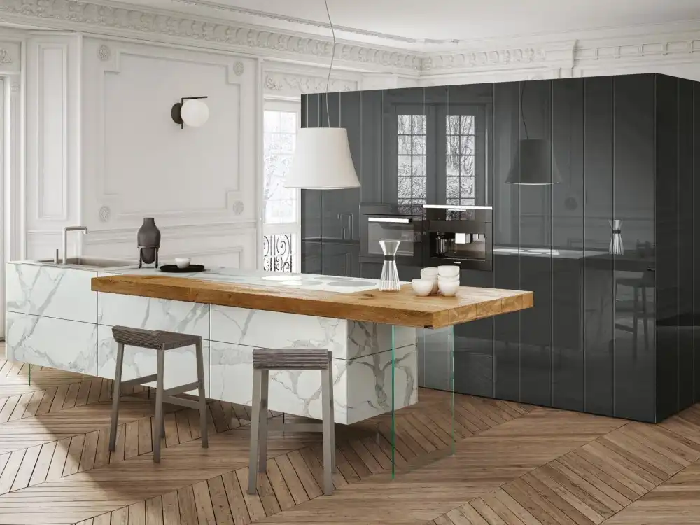 Lago marble kitchen island with glass leg and grey cabinets