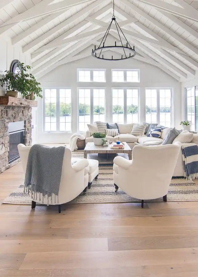 Mix white with blue to create a breezy, coastal vibe in your living room