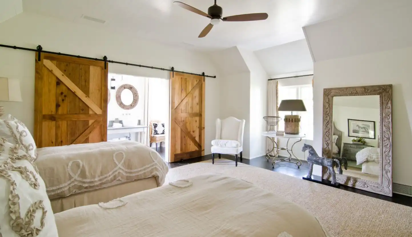 Large bathroom with sliding barn doors