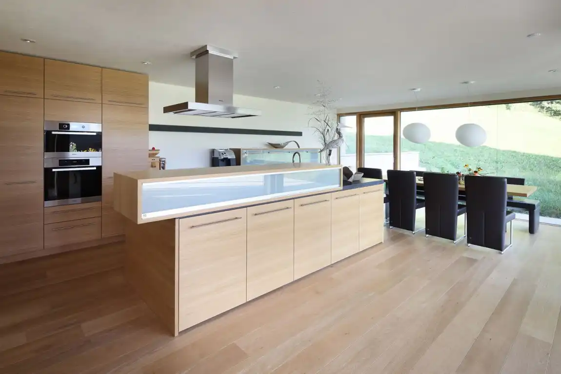 Large kitchen with laminate floor