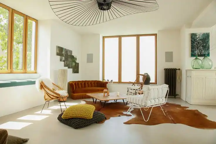 Large living room with a modern ceiling fixture