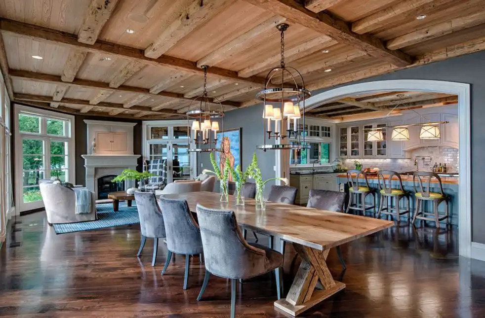Large living room with a trestle dining table