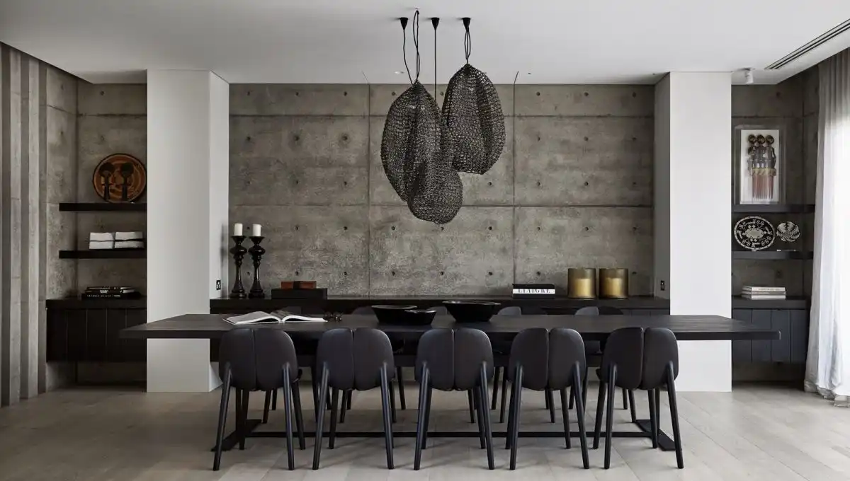 Large netted pendants are grouped together in place of a chandelier.