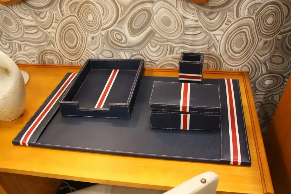Leather blue organization trays