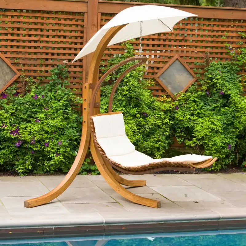Leisure Season Wood Patio Swing Chaise Lounge With Umbrella