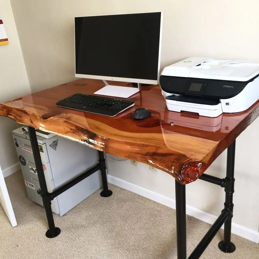 Live edge wood top and pipes legs