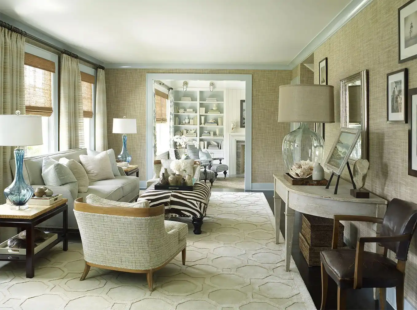 Living room interior design with turquoise accents