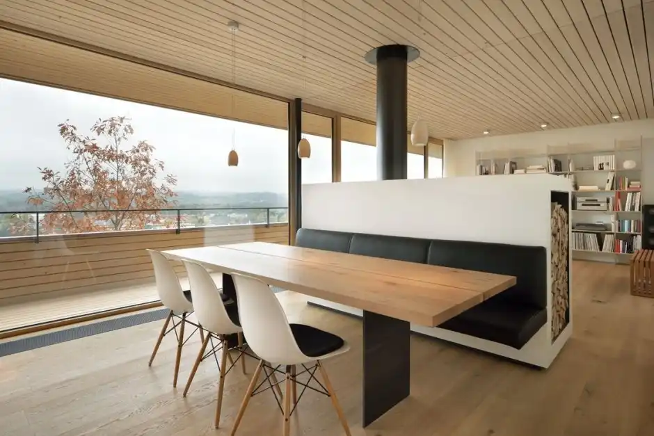 Living room room divider - banquette and fireplace