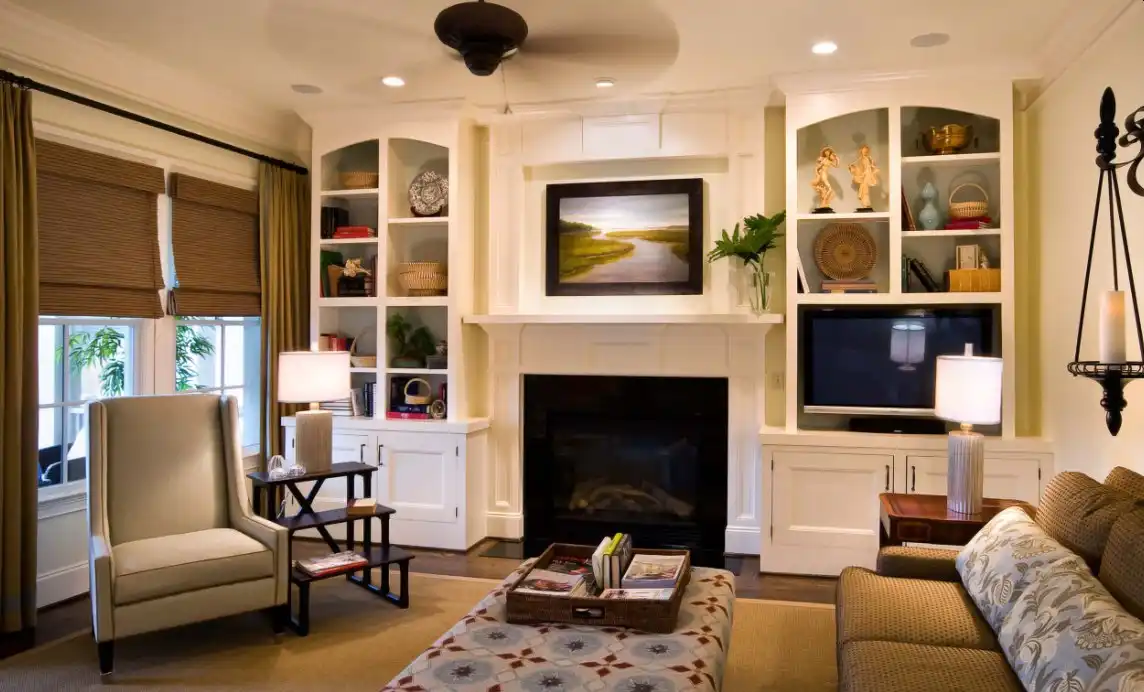 Living room with fireplace and built in towers