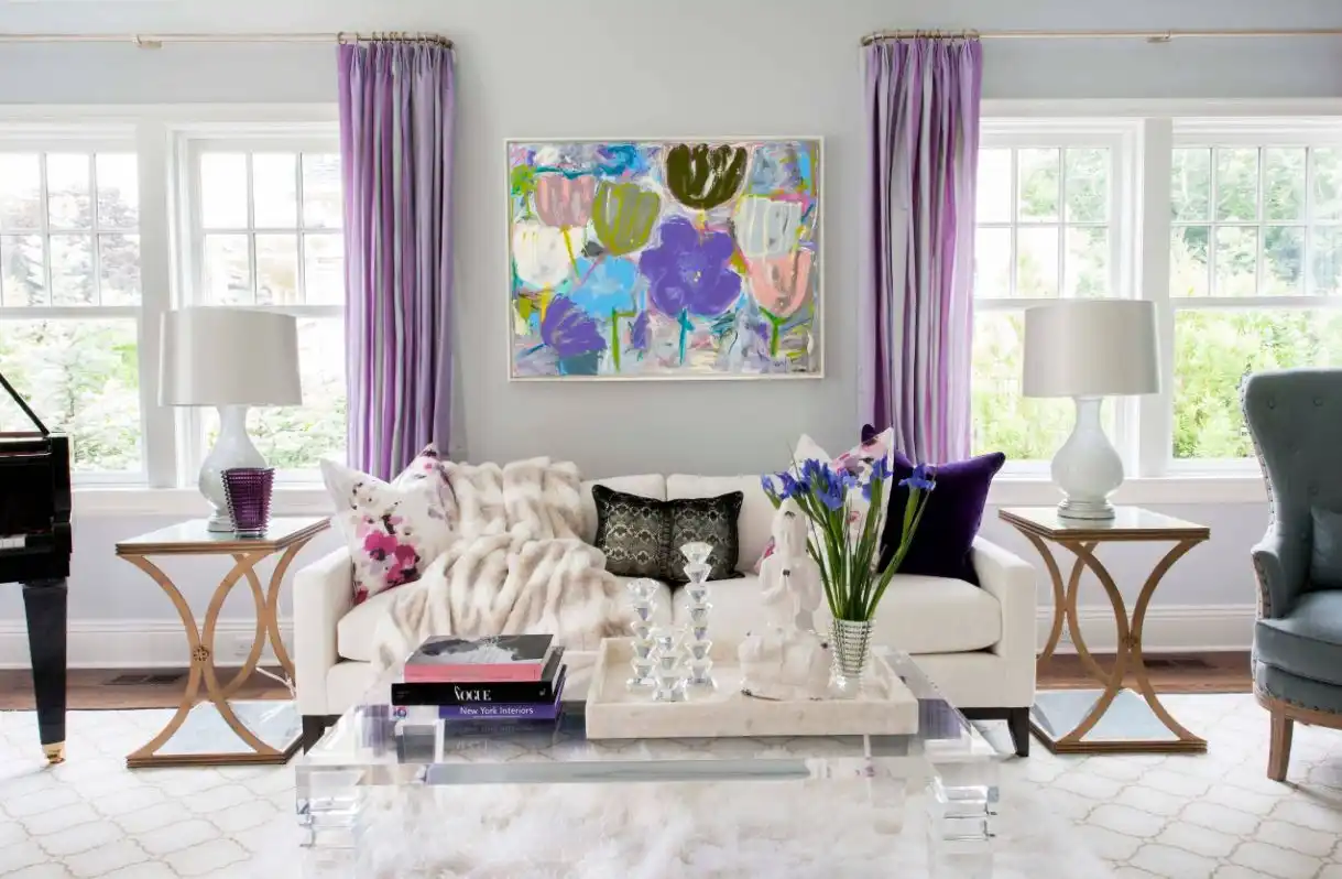 Living room with modern furniture and purple curtains