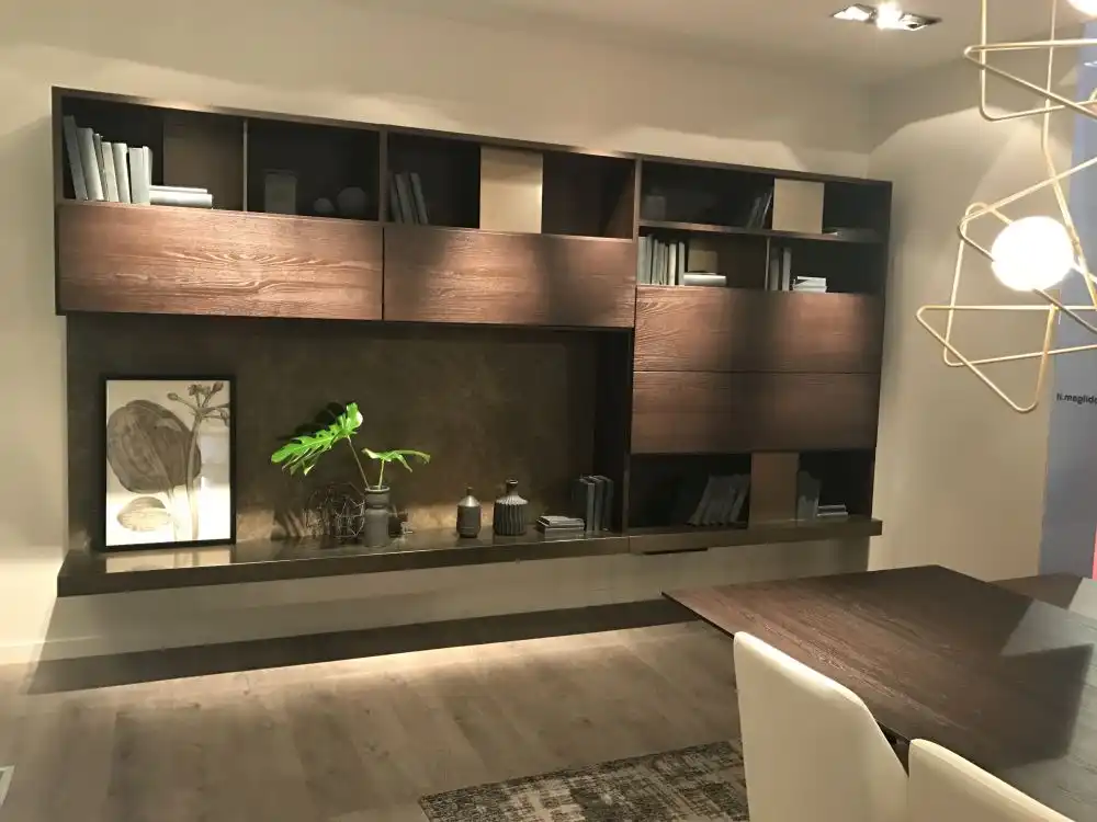 Living room with wall unit and decorative shelves