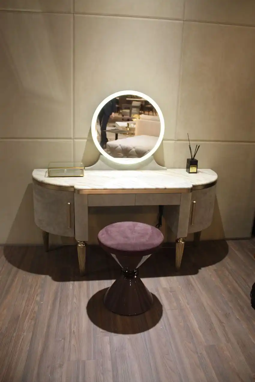 Mixed materials add interest to a vanity table.