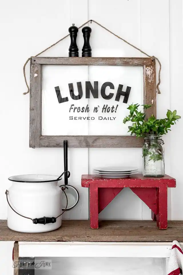 Lunch sign on an old window frame