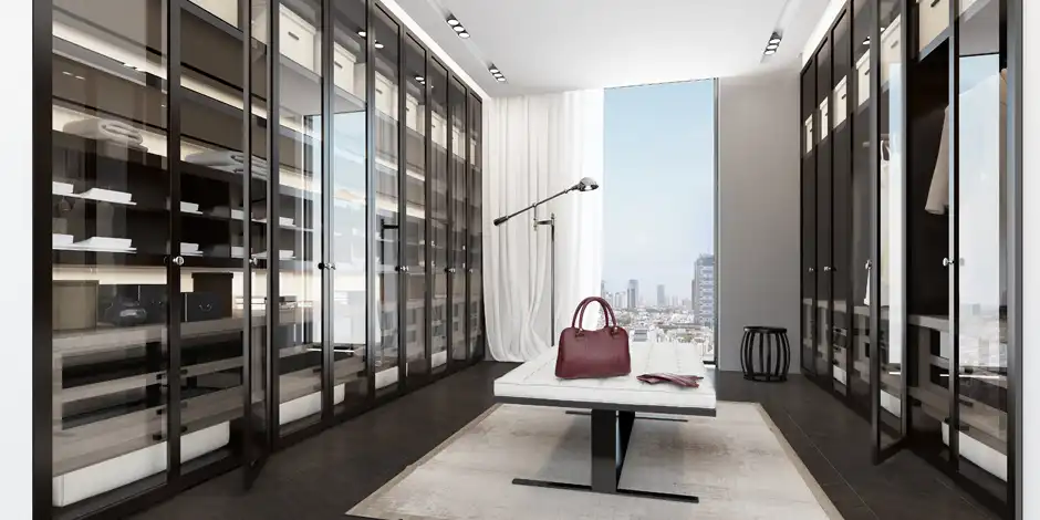Luxury interiro design walk in closet with glass doors
