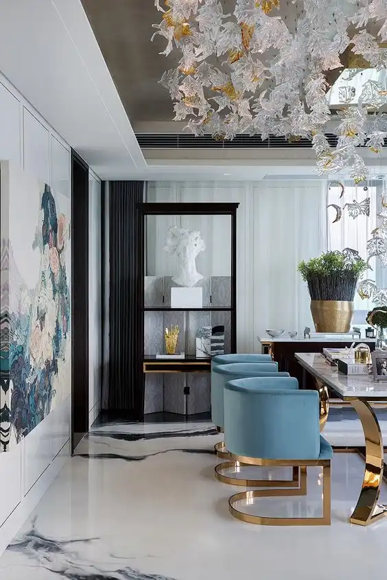 Luxury kitchen and dining area with marble floor