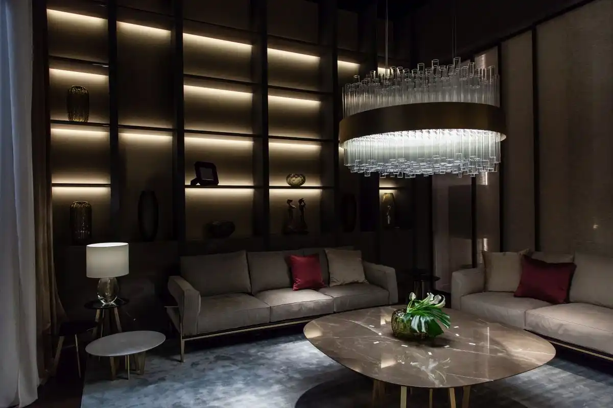 A chandelier over the coffee table makes an instant focal point.