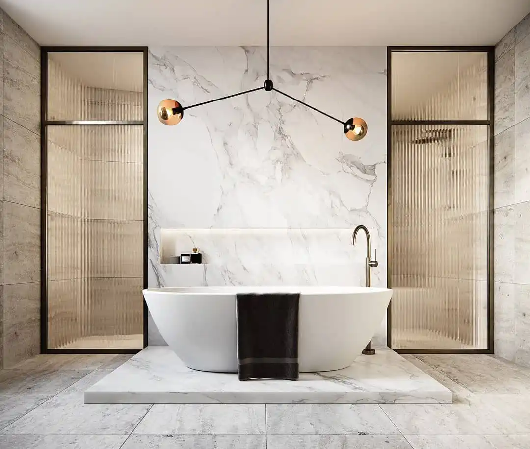 Marble bathroom decor with large lighting fixtures