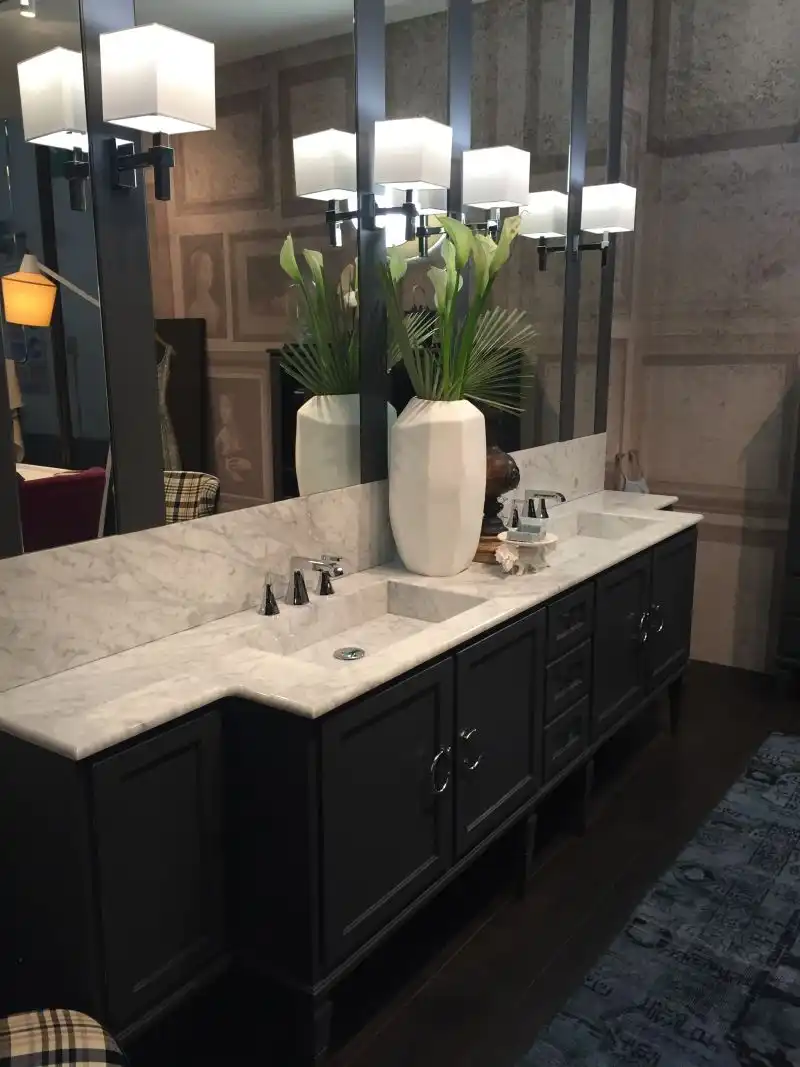 Marble top bathroom sink vanity and large mirror