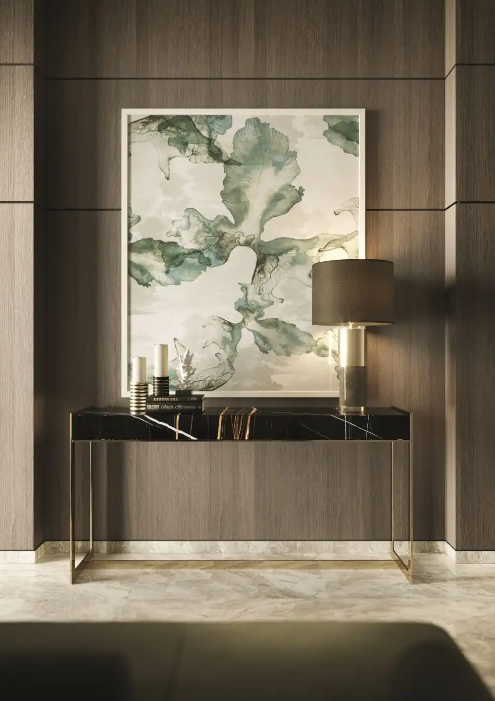 Black Marble Hallway Table with Gilded Base