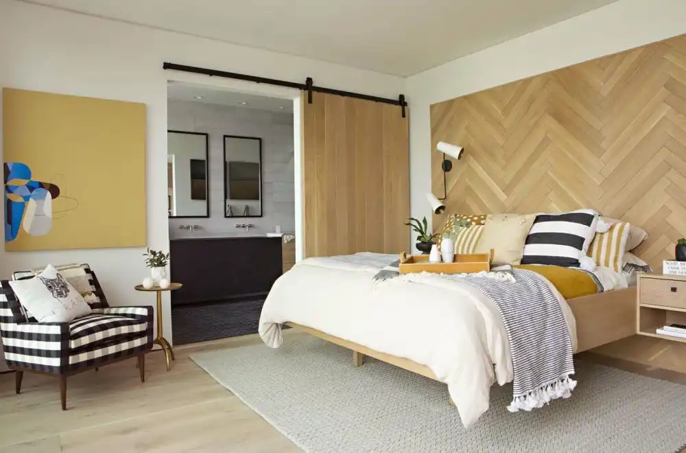 Mid century bedroom with chevron wall