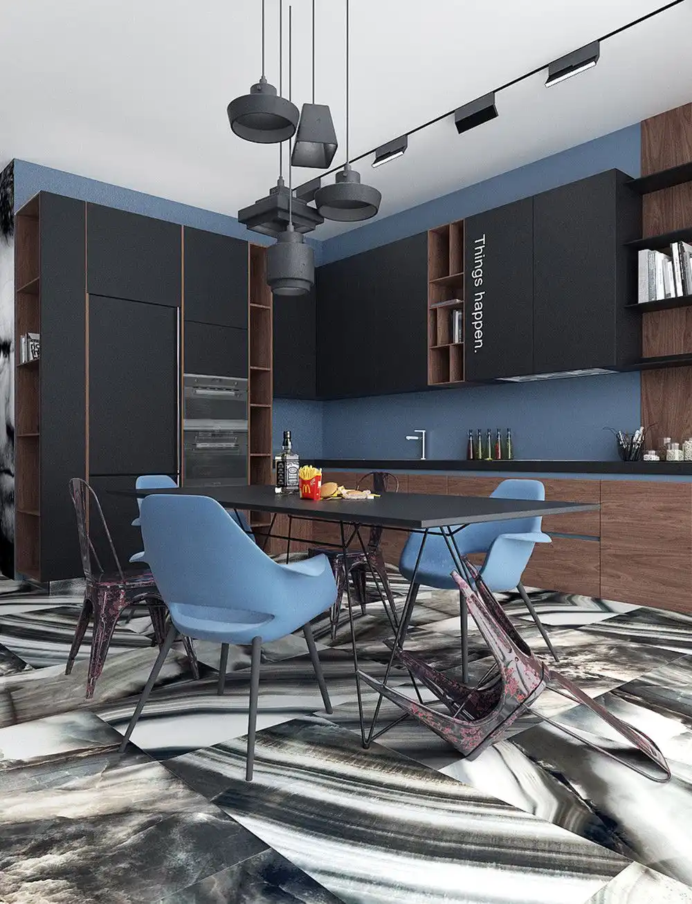 Mid century dining chairs and marble floor